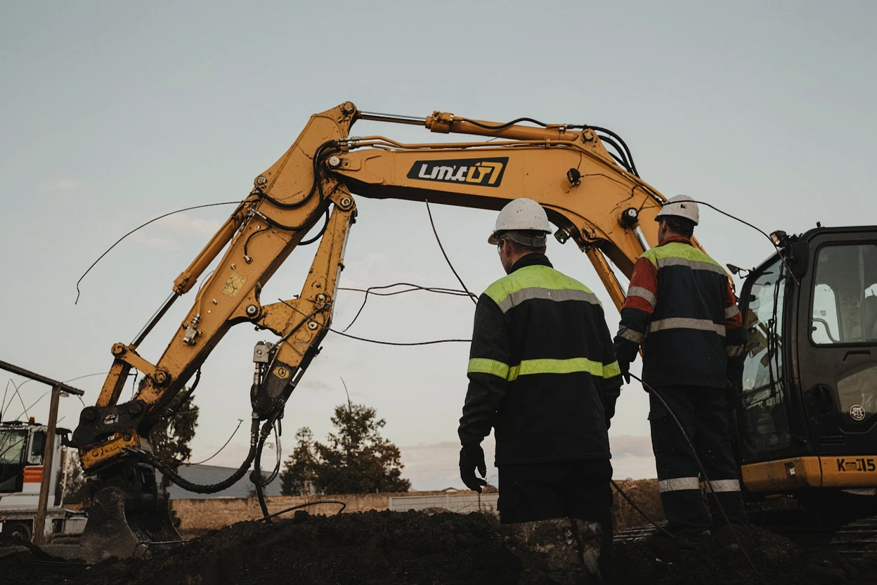 Technicien Midiflex réparant un flexible hydraulique sur une pelleteuse, lumière de fin de journée